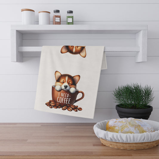 Coffee Lover's Cute Corgi Tea Towels, Puppy Tea Towel
