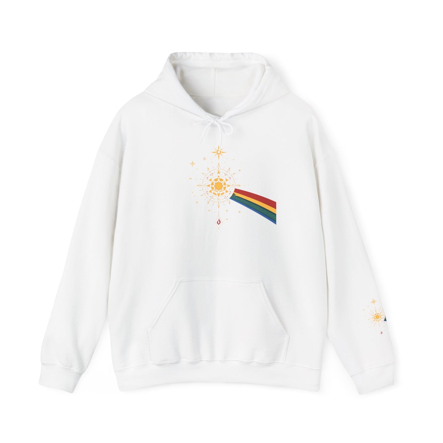 Sun Prism Rainbow Hoodie — Minimal Retro Sun & Prism Graphic Pullover
