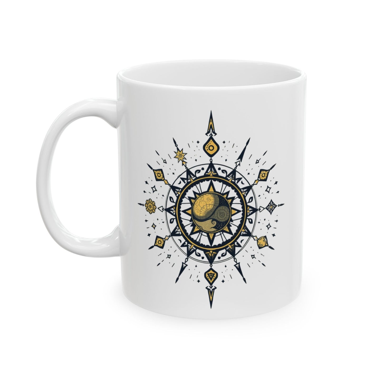 Personalize Boho Sun & Stars Ceramic Mug — Illustrated Mandala Coffee Cup (11oz/15oz)