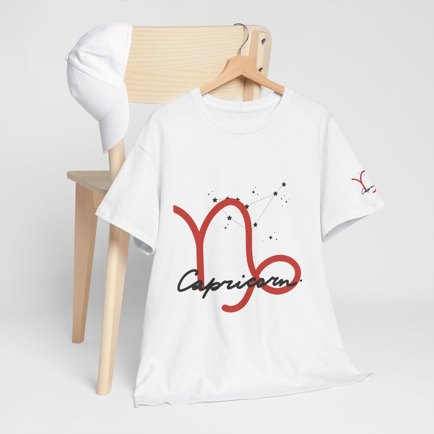 Capricorn Zodiac Tee – Red Capricorn Symbol with Script
