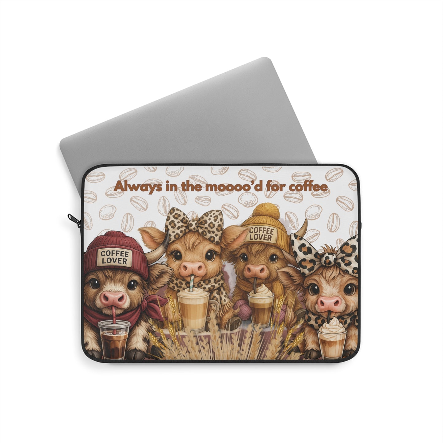Coffee Lover Laptop Sleeve - Cute Cow Design, Perfect Gift for Coffee Enthusiasts, Coffee Lover Gift, Cow Lover Gift