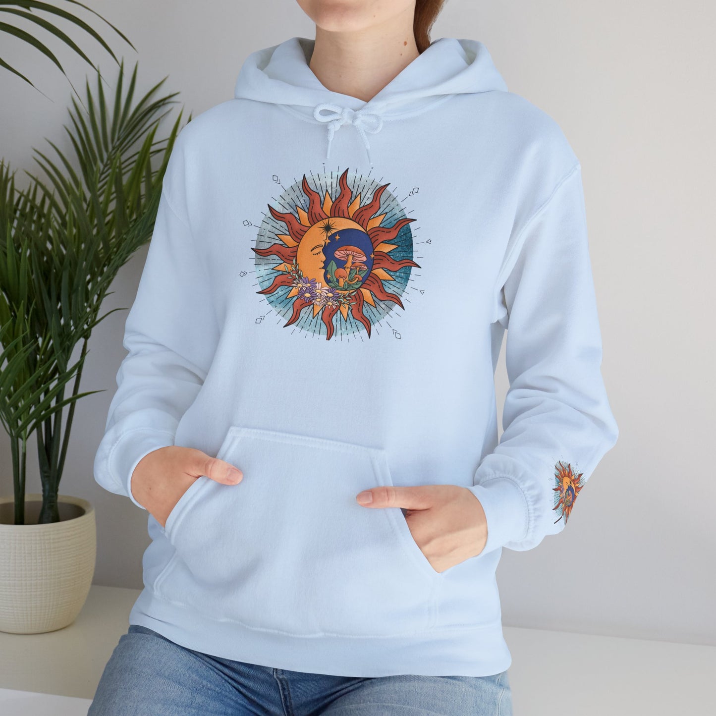 Sun and Moon Boho Hoodie — Colorful Celestial Graphic Sweatshirt