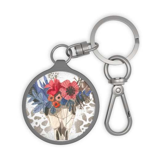 Floral Skull Keyring Tag, Boho Keychain, Cow Skull Charm, Gift for Her, Home Decor Essentials, Floral cow, floral cow keyring, Western floral, cow skull, boho cow skull