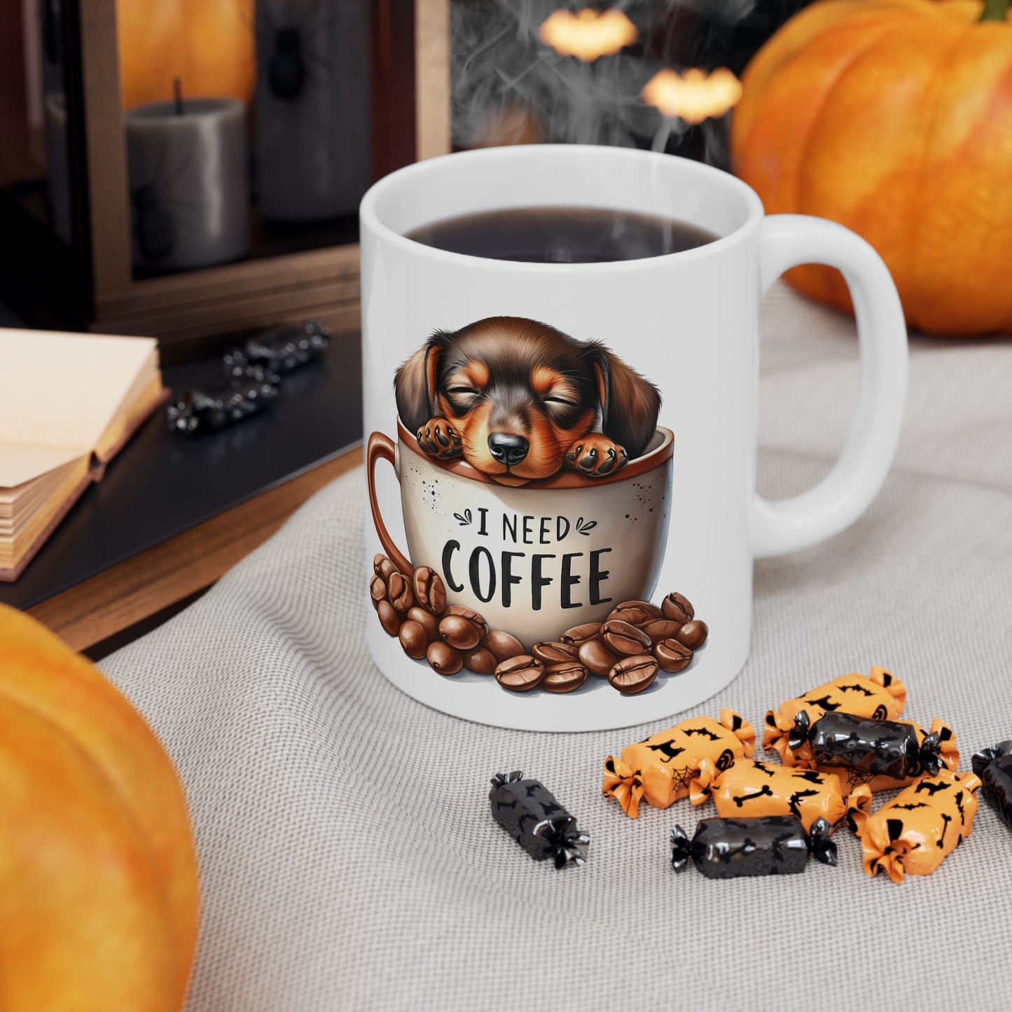 Personalized Coffee Mug with Dachshund Design — "All I Need Is Coffee" Ceramic Mug (11oz/15oz)