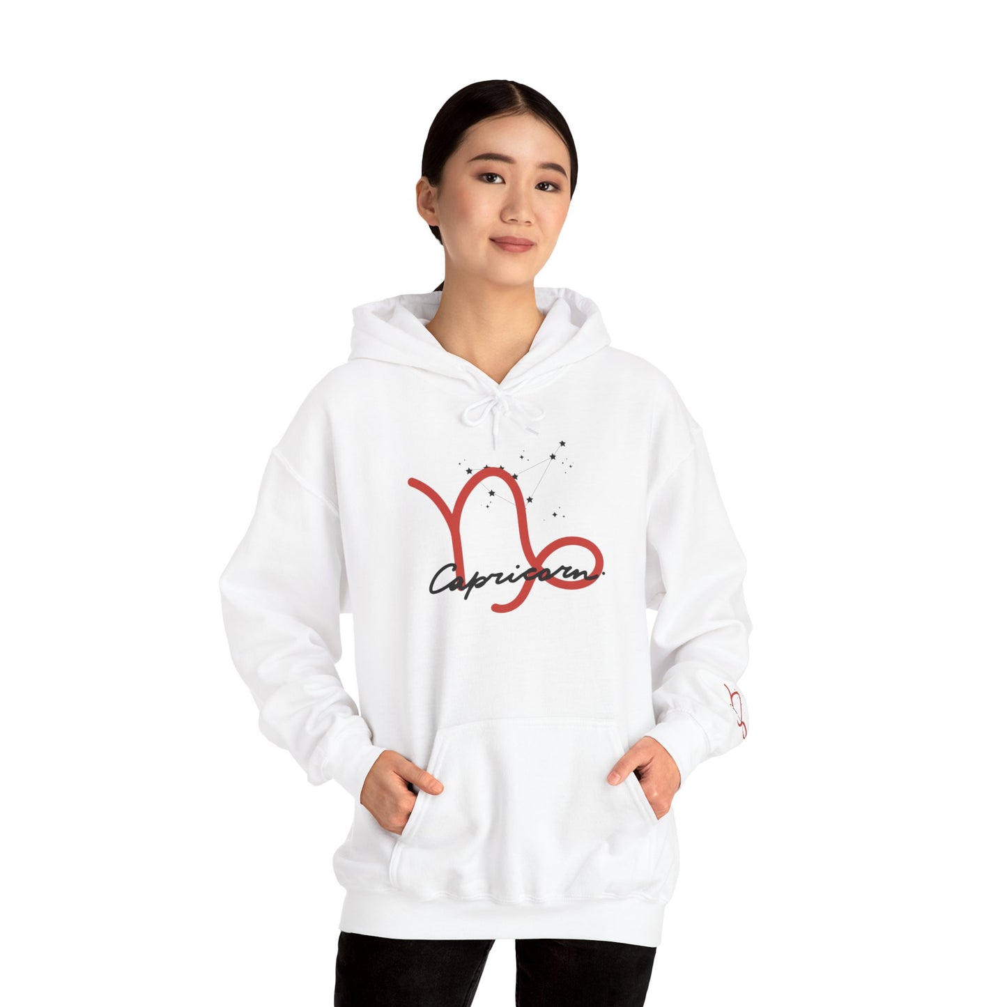 Capricorn Zodiac Hoodie — Red Script Astrology Sign Sweatshirt