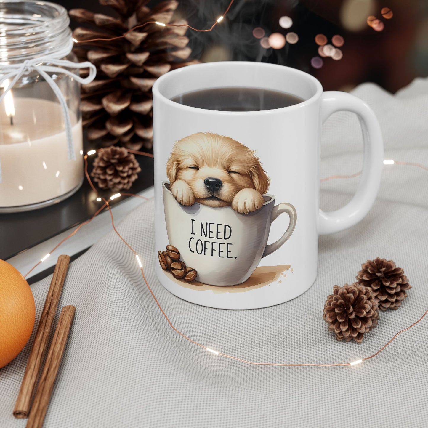 Personalized Lab Puppy Coffee Mug — "I Need Coffee" Ceramic Cup (11oz & 15oz)
