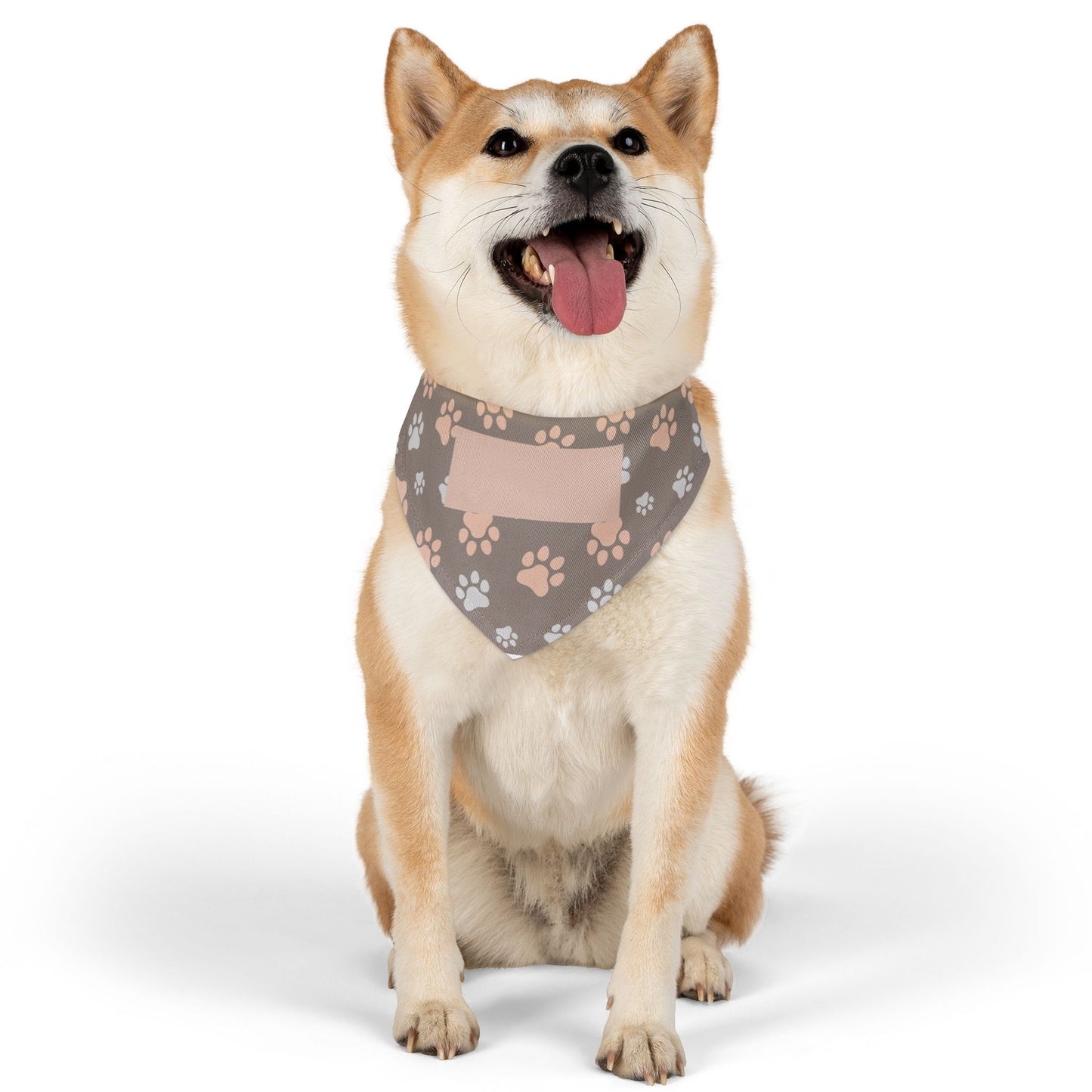 Personalized Paw Print Pet Bandana Collar — Custom Name Pocket, Gray & Blush Dog Scarf