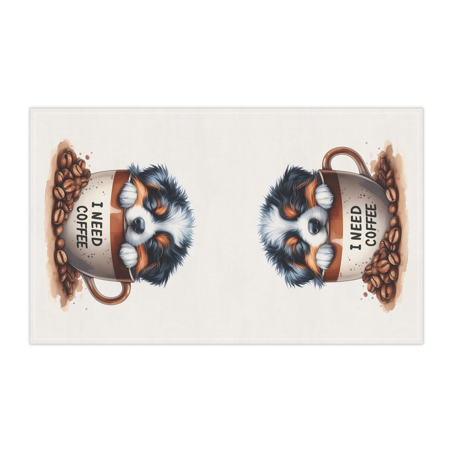Cute Coffee Dog Tea Towels - "I Need Coffee" Design, Aussie Puppy