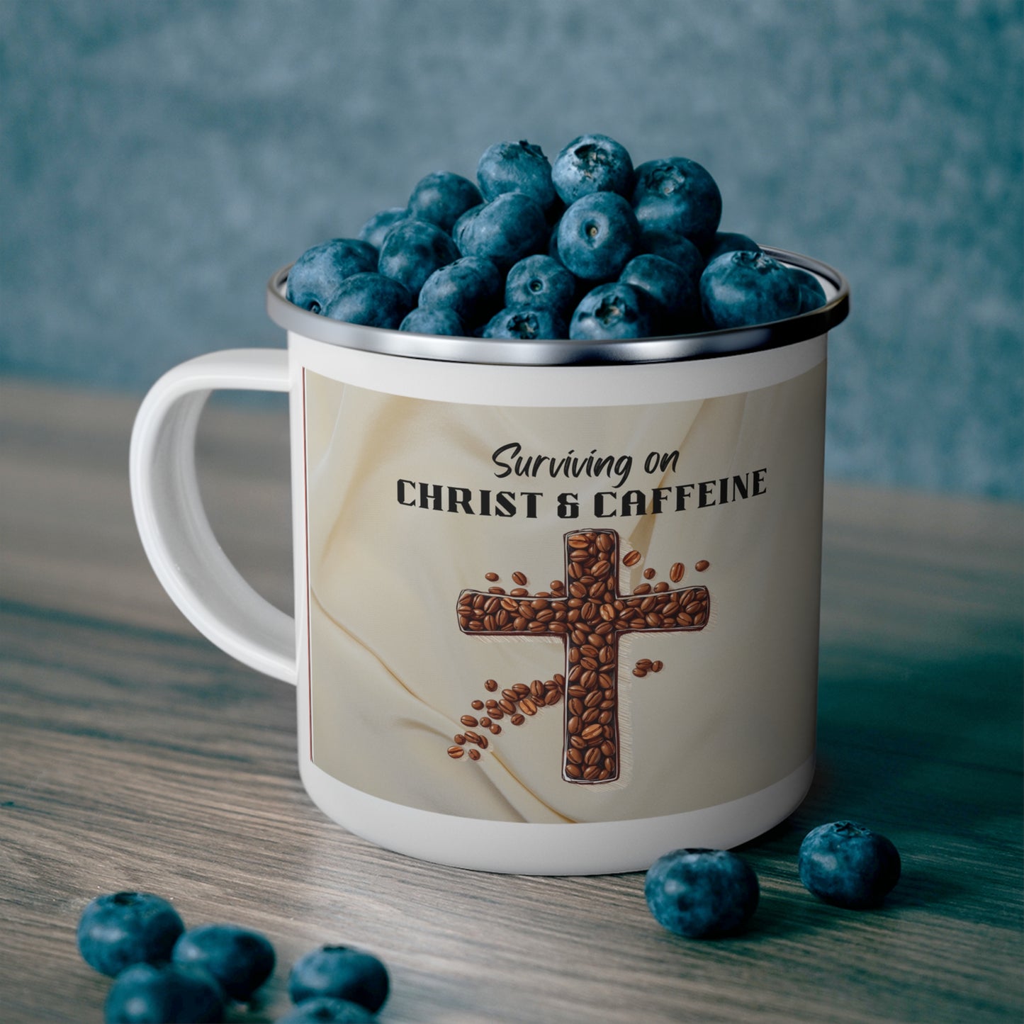 Surviving on Christ & Caffeine Enamel Camping Mug, Christian Camping Mug