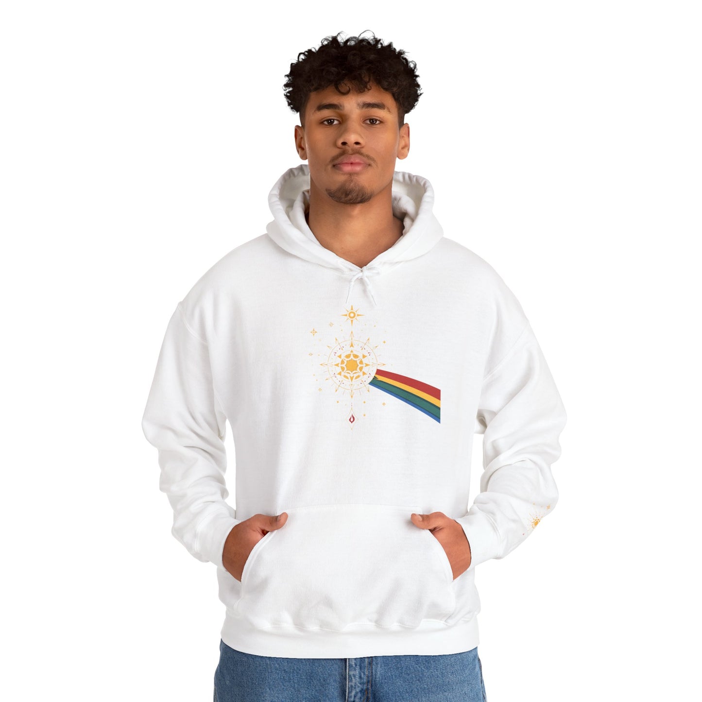 Sun Prism Rainbow Hoodie — Minimal Retro Sun & Prism Graphic Pullover