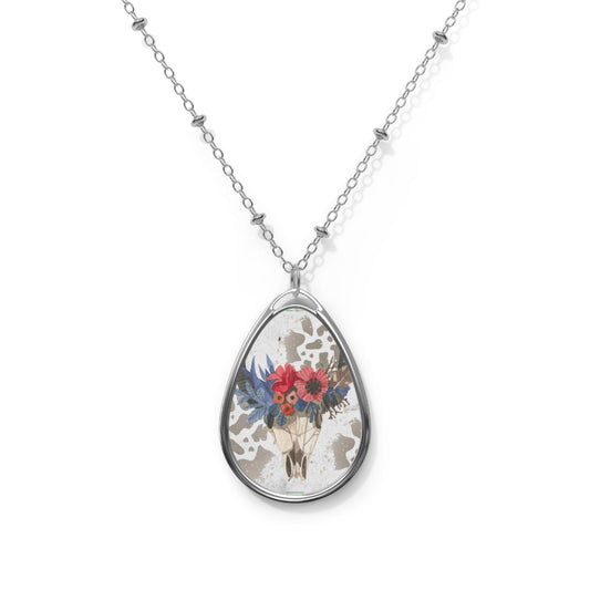 Floral Teardrop Necklace for Nature Lovers, Floral Cow Skull Necklace, Floral Skull Necklace