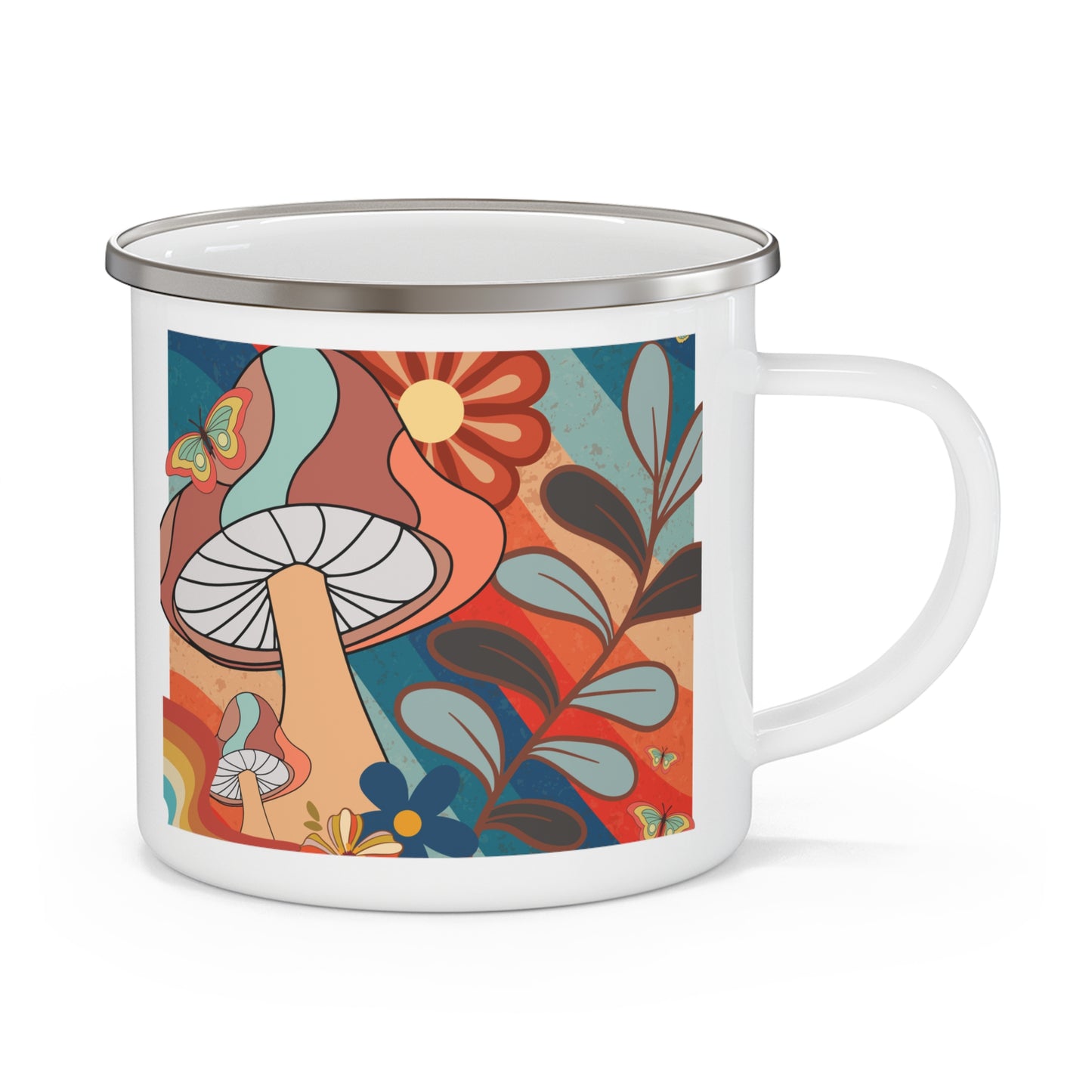 Nature-Inspired Enamel Camping Mug with Colorful Mushroom Design, Boho Camping Mug