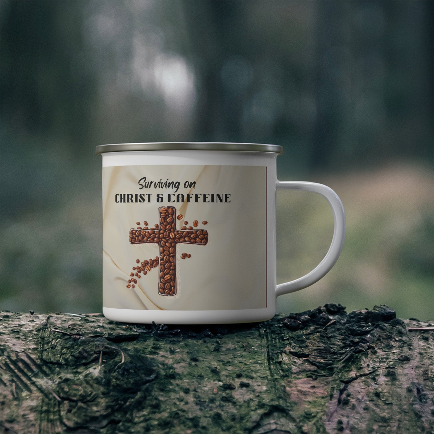 Surviving on Christ & Caffeine Enamel Camping Mug, Christian Camping Mug