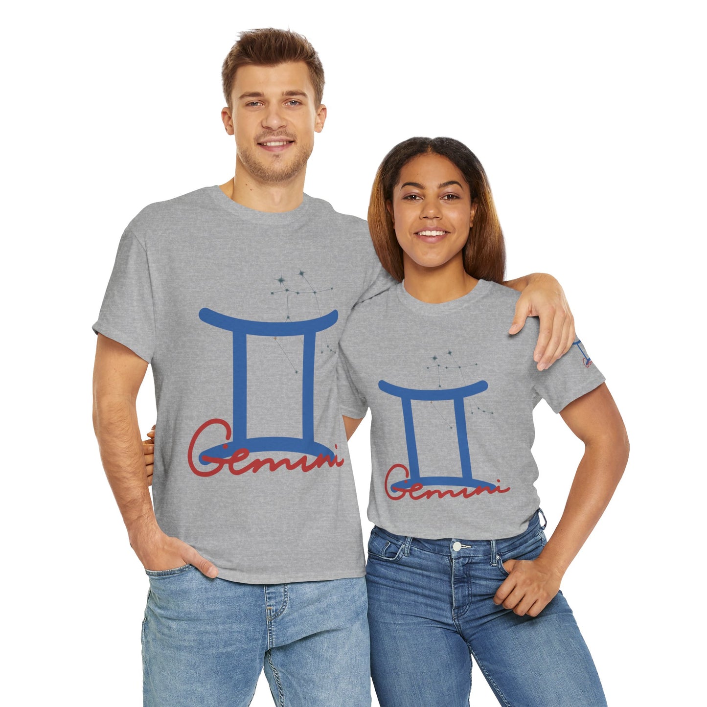 Gemini Zodiac T-Shirt — Blue Symbol with Script