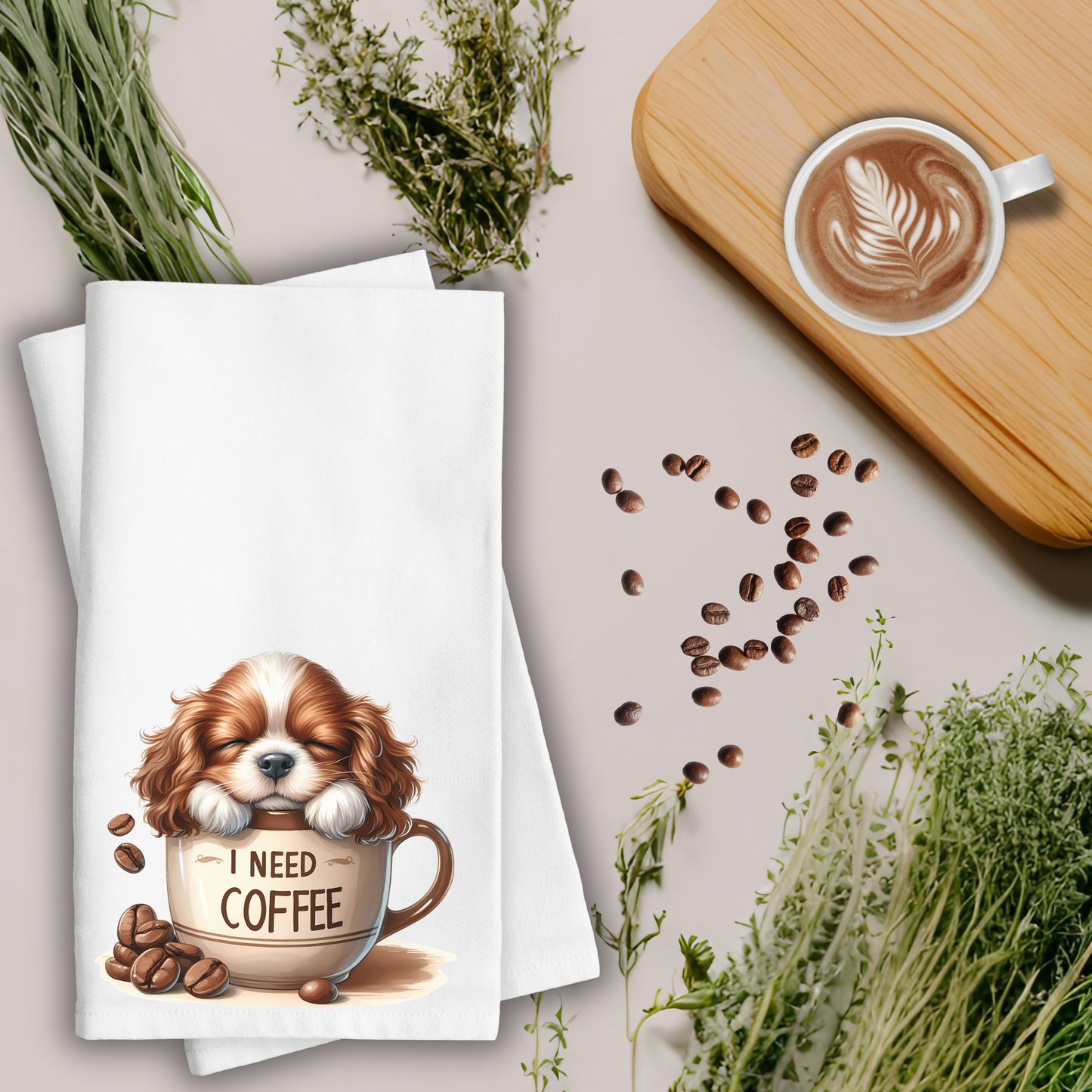 King Charles Spaniel Waffle Weave Kitchen Towel, Puppy Kitchen Towel, Coffee Towel