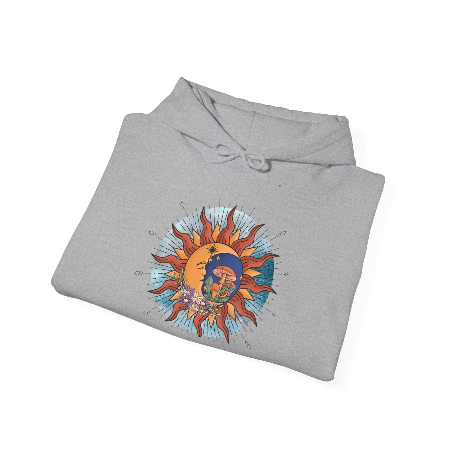 Sun and Moon Boho Hoodie — Colorful Celestial Graphic Sweatshirt