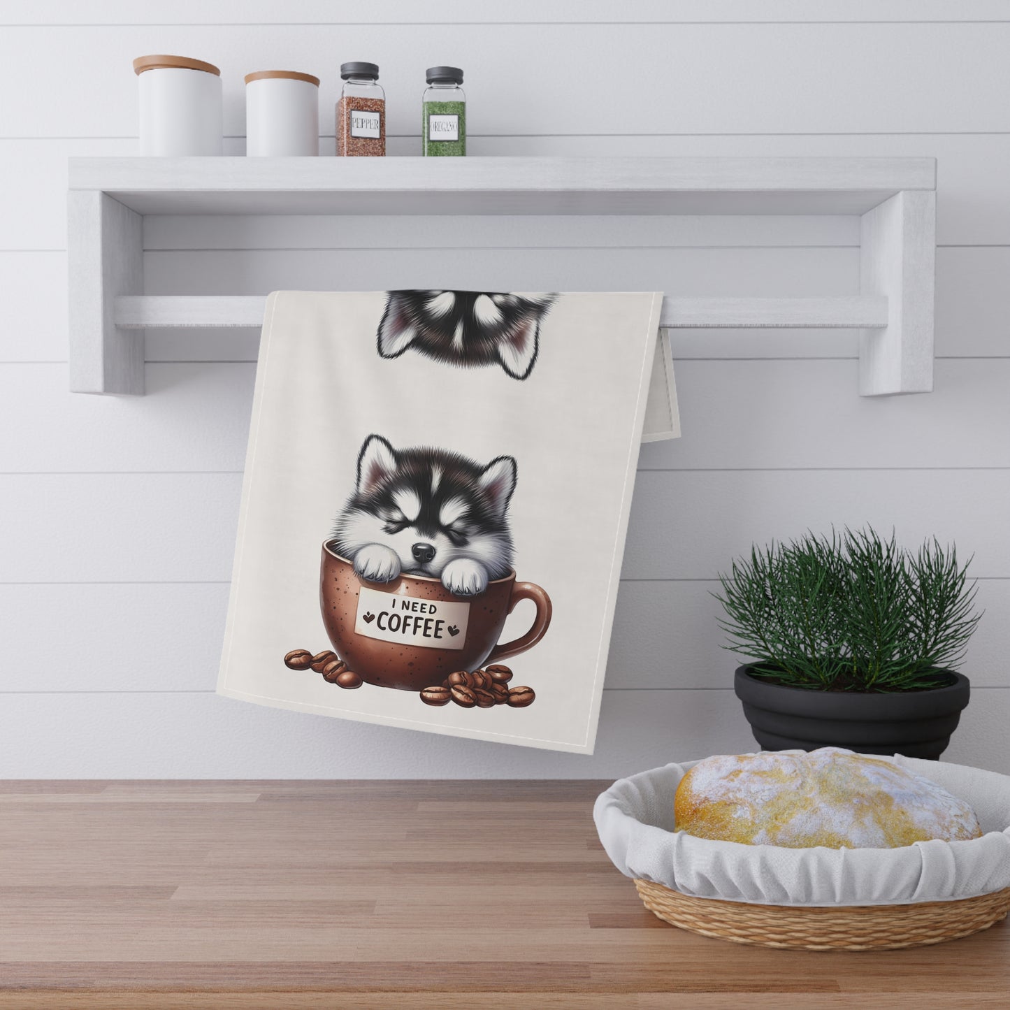 Cute Coffee Need Dog Tea Towel, Husky Puppy