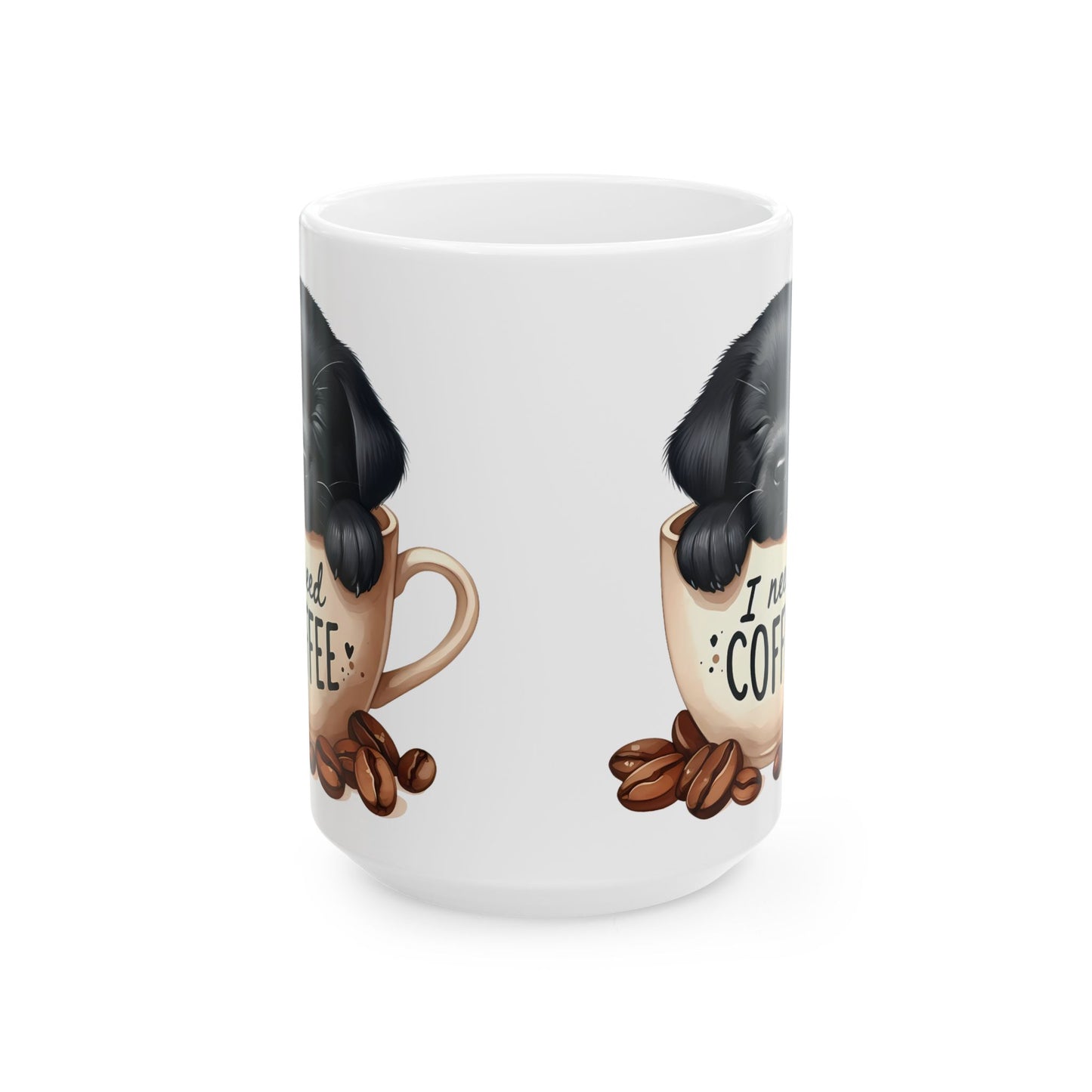 Personalized Puppy Coffee Mug - Cute Cat in Cup Illustration, "I Need Coffee" Ceramic Mug (11oz/15oz)