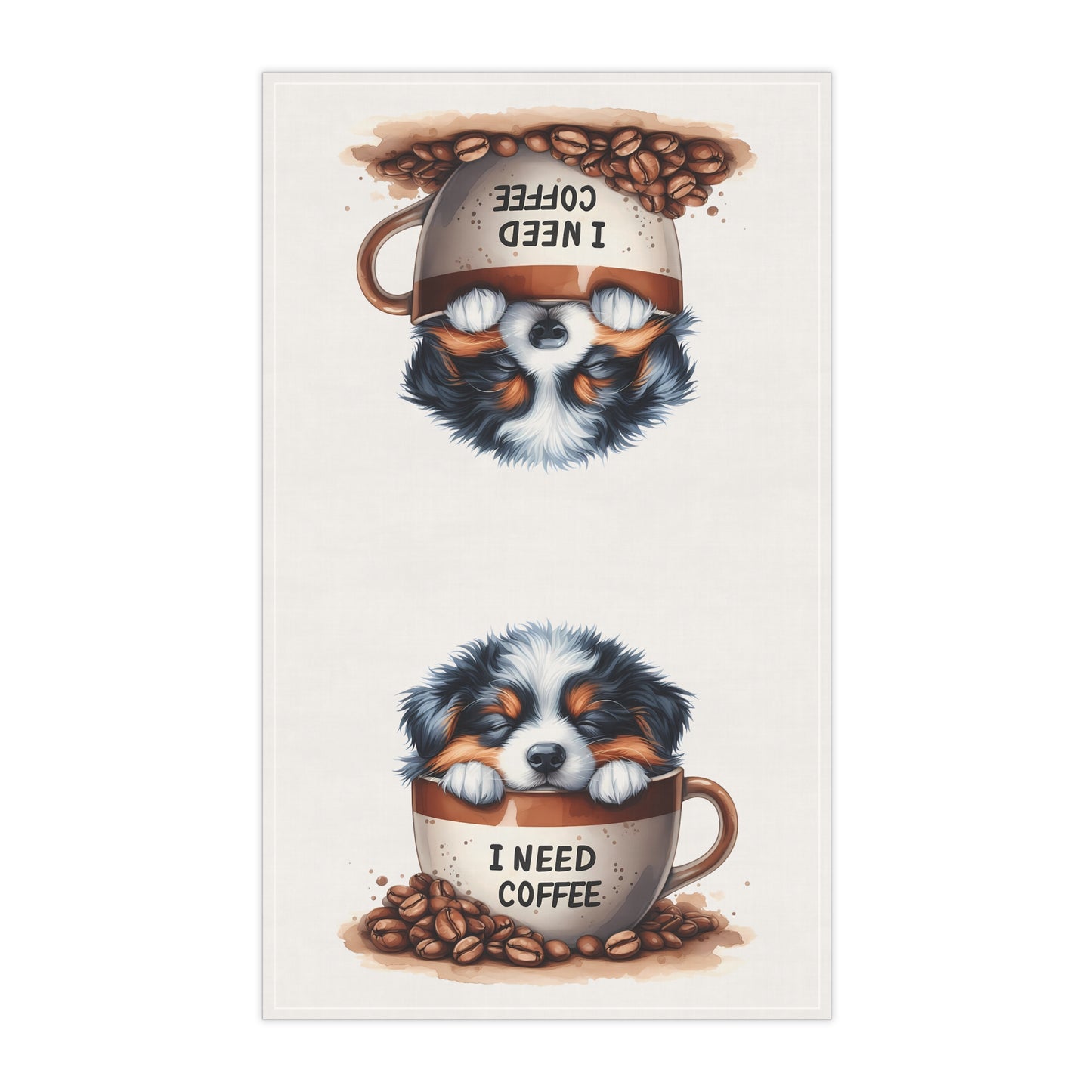 Cute Coffee Dog Tea Towels - "I Need Coffee" Design, Aussie Puppy