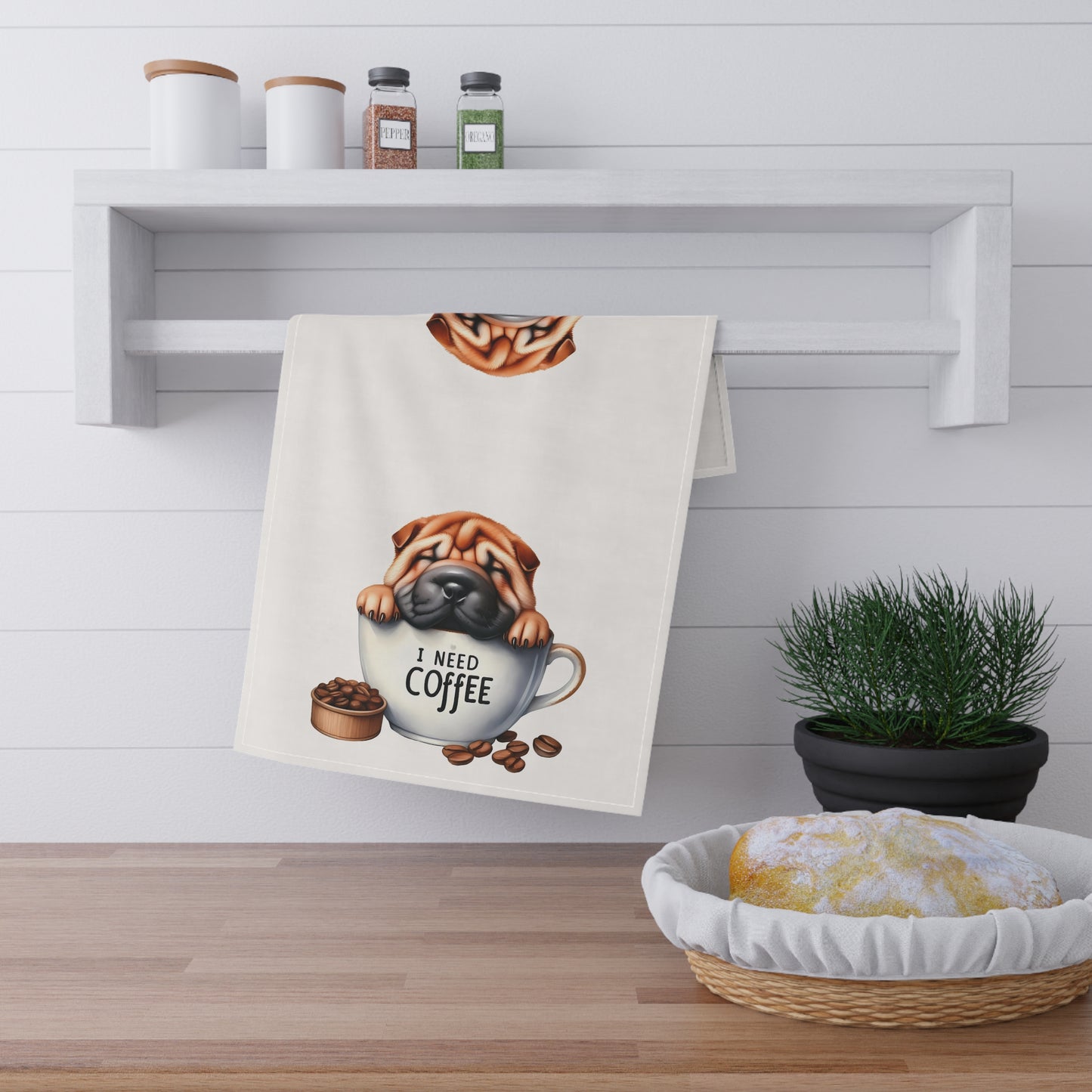 Cute Dog Coffee Tea Towels - I Need Coffee Design, Shar-pei Puppy