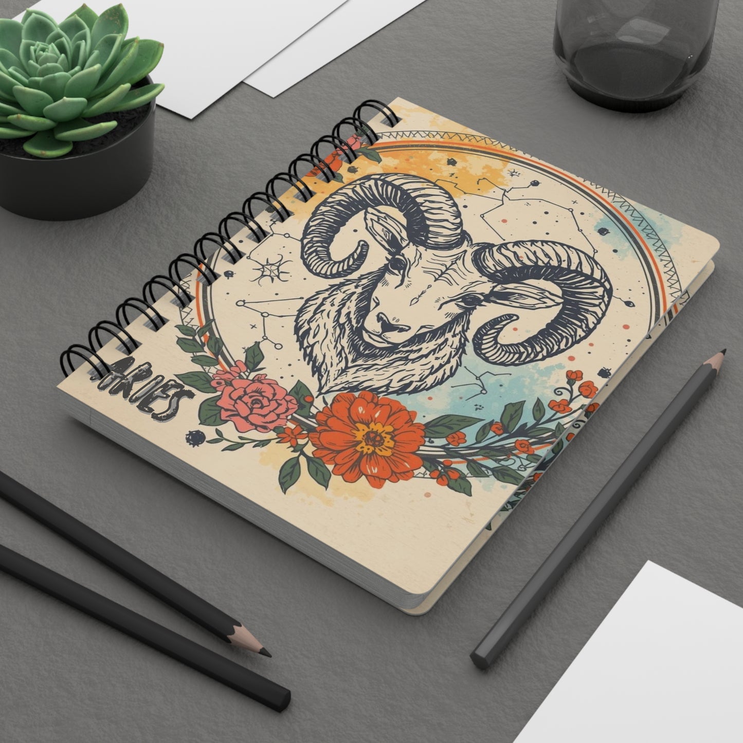Aries Zodiac Spiral Bound Journal with Floral Design