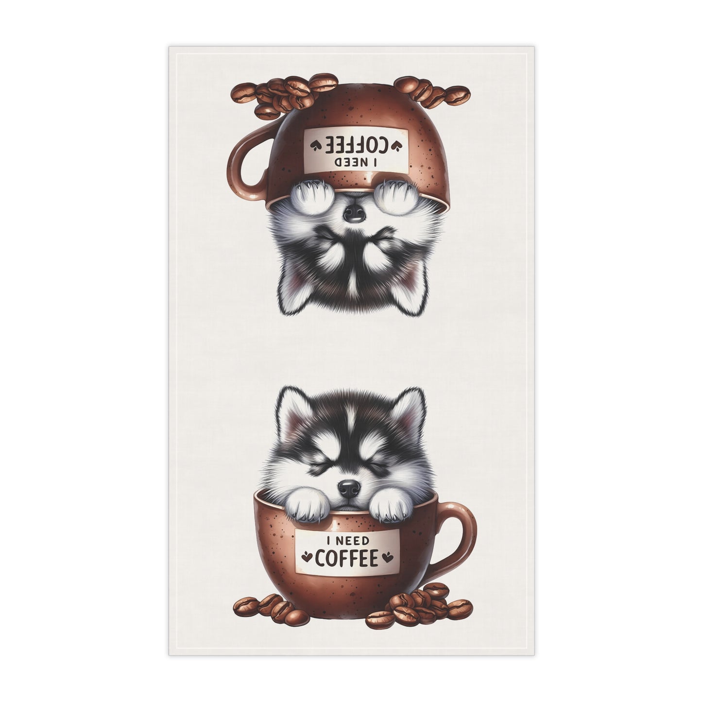 Cute Coffee Need Dog Tea Towel, Husky Puppy