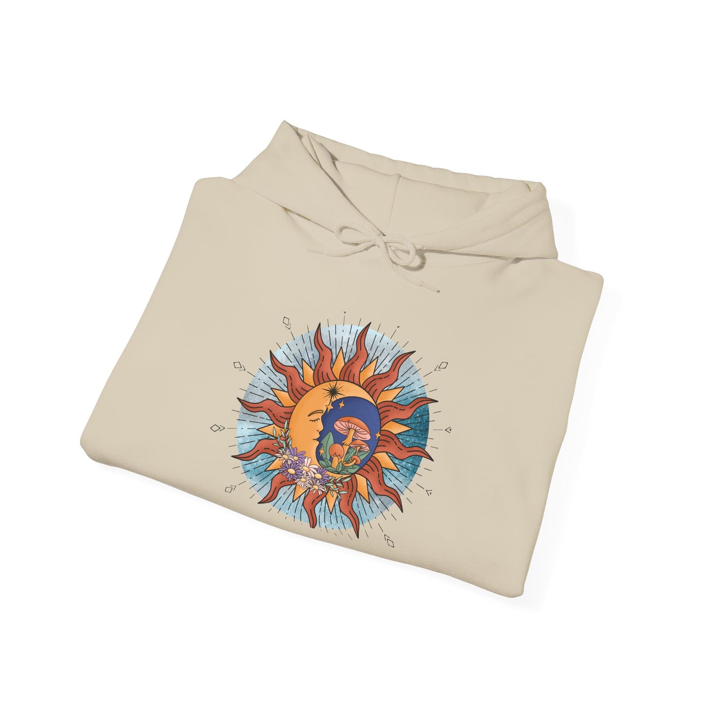 Sun and Moon Boho Hoodie — Colorful Celestial Graphic Sweatshirt