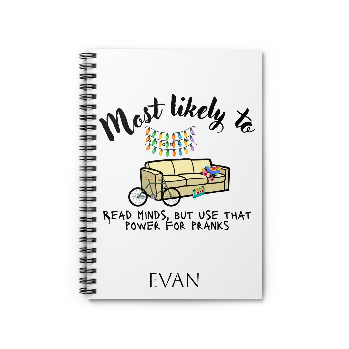 ADD NAME IN CART.  Stranger, Things, Couch, Christmas lights, Fun Spiral Notebook for Pranksters, Personalized Gift, Most Likely to Read Minds, Back to School, Creative Journal, Quirky Stationery, [...]