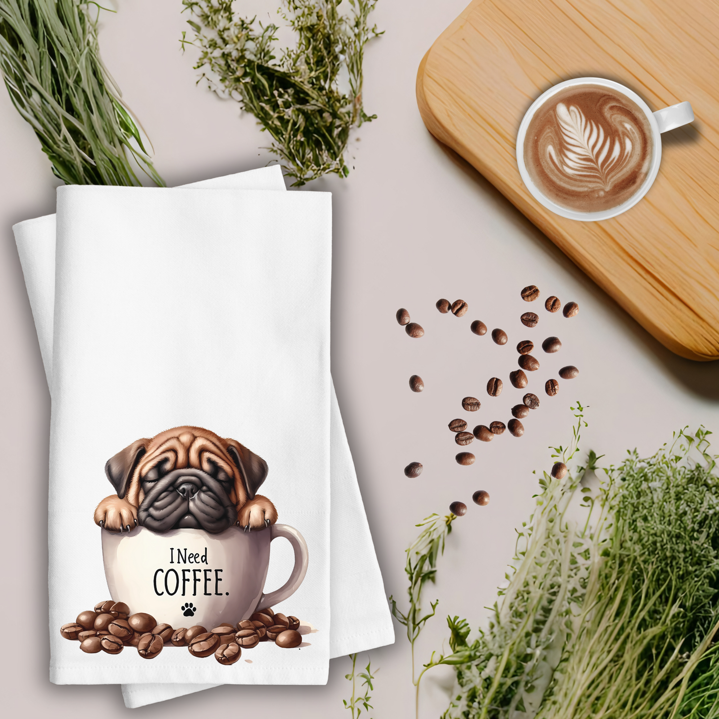 Waffle Weave Kitchen Towel, Puppy Kitchen Towel, Coffee Kitchen Towel