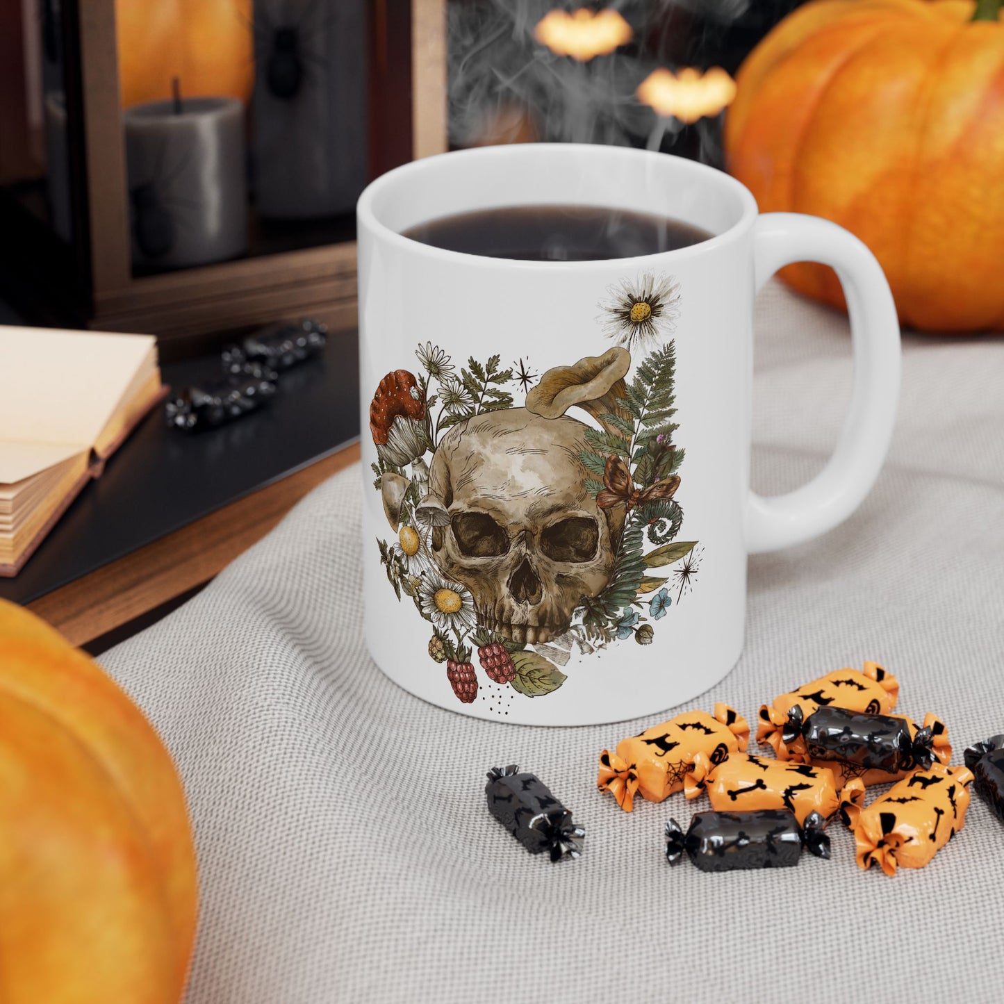 Floral Skull Coffee Mug — Vintage Wildflower & Fungi Ceramic Mug (11oz, 15oz)