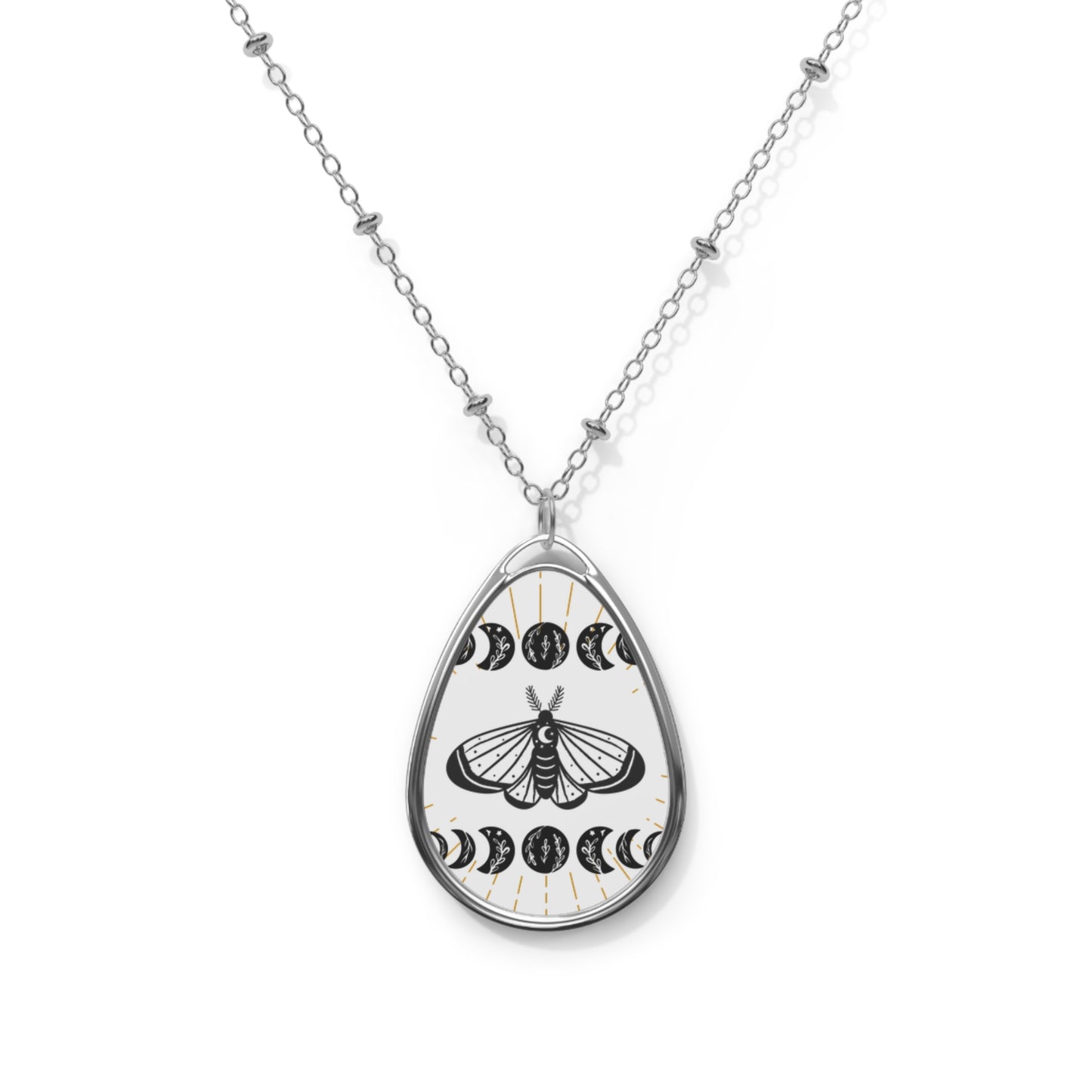 Celestial Moth Oval Necklace - Bohemian Moon Phase Jewelry, Celestial Necklace, Butterfly Necklace