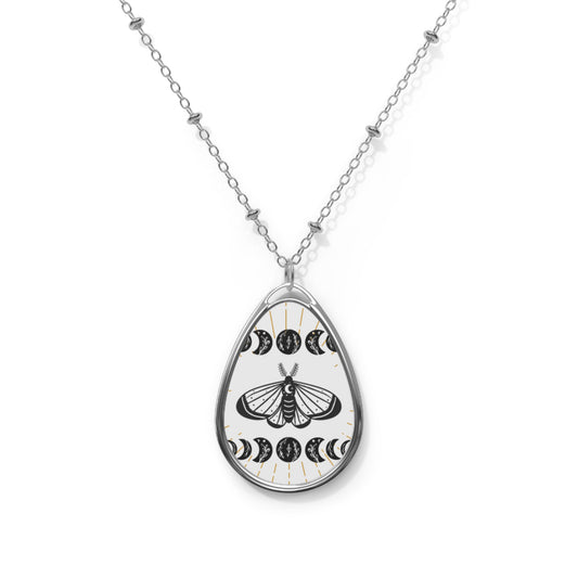 Celestial Moth Oval Necklace - Bohemian Moon Phase Jewelry, Celestial Necklace, Butterfly Necklace