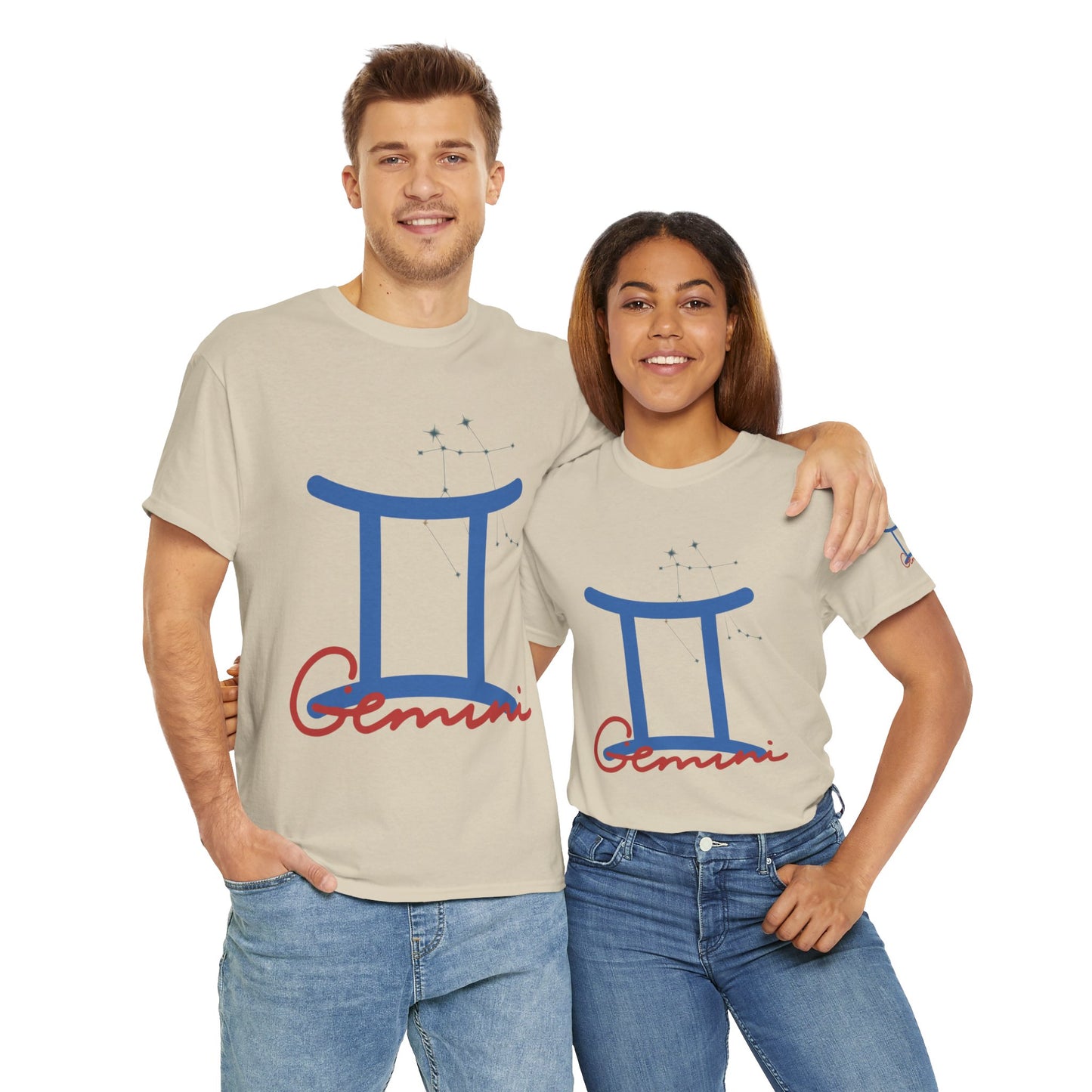 Gemini Zodiac T-Shirt — Blue Symbol with Script