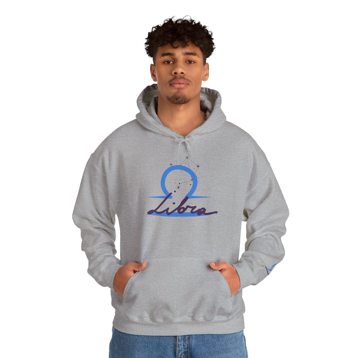 Libra Zodiac Hoodie — Minimal Blue Libra Symbol & Script Pullover