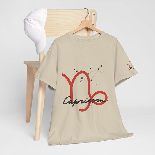 Capricorn Zodiac Tee – Red Capricorn Symbol with Script