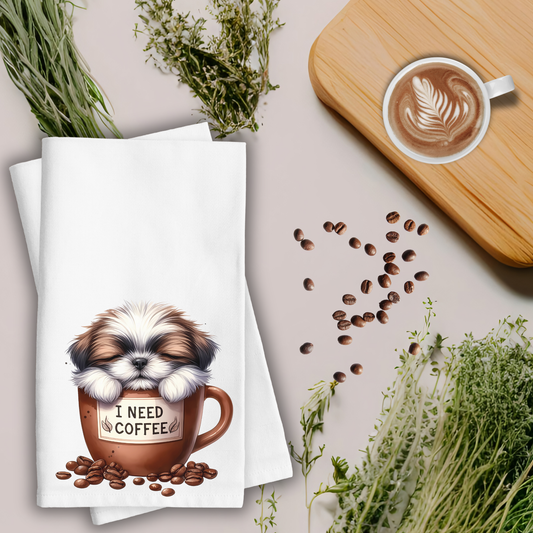 Shih-tzu Waffle Weave Kitchen Towel, Puppy Kitchen Towel, Coffee Kitchen Towel