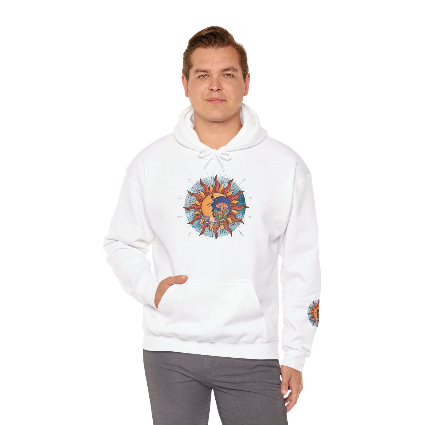 Sun and Moon Boho Hoodie — Colorful Celestial Graphic Sweatshirt