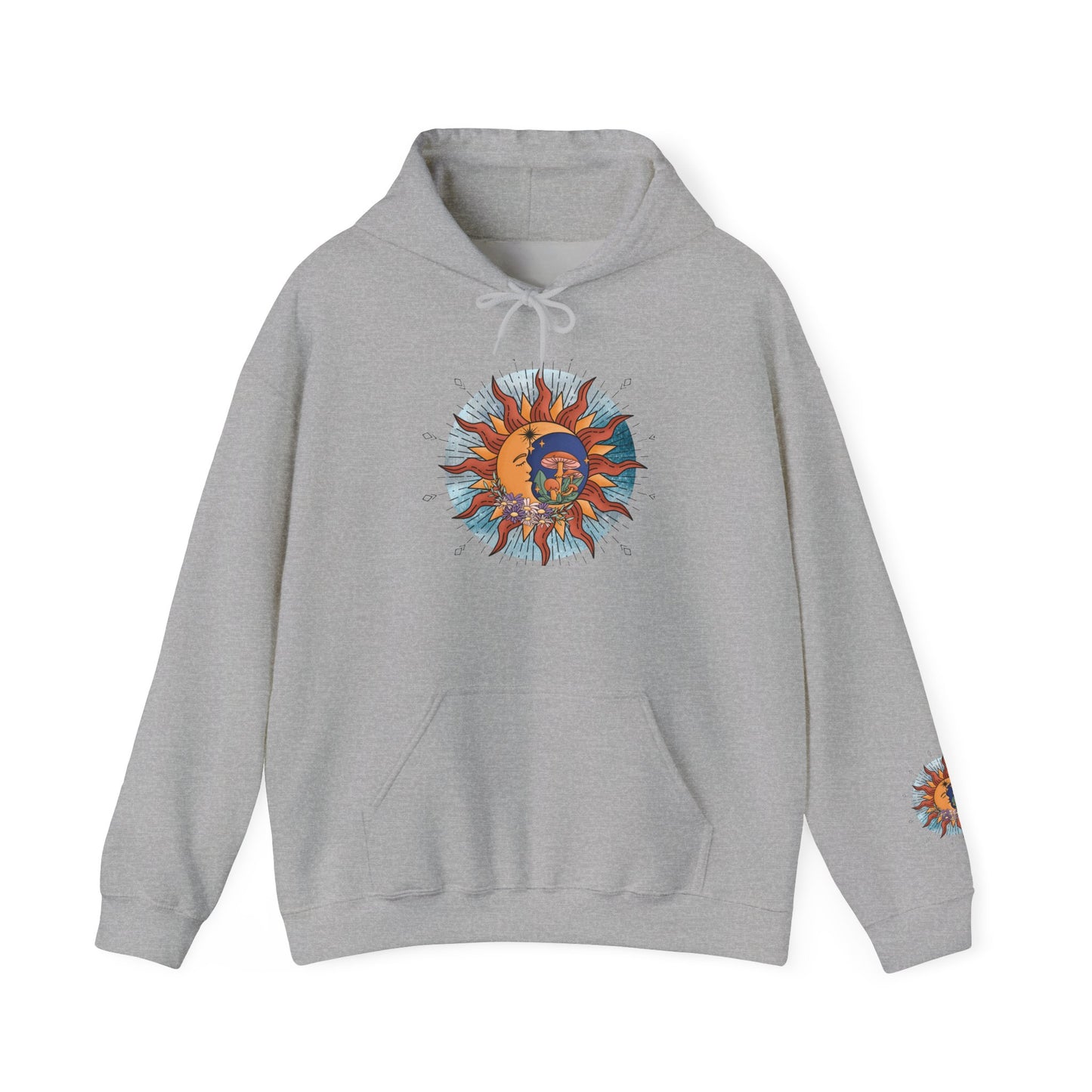 Sun and Moon Boho Hoodie — Colorful Celestial Graphic Sweatshirt