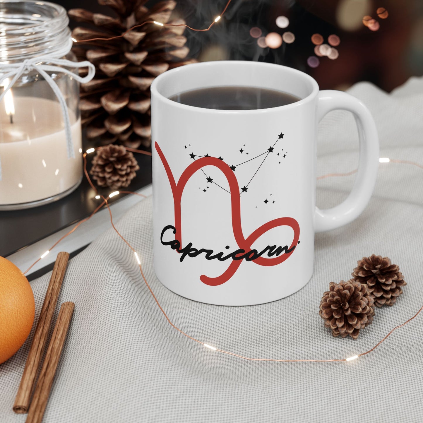 Capricorn Zodiac Ceramic Mug — Red Script Constellation Astrology Coffee Cup (11oz & 15oz)