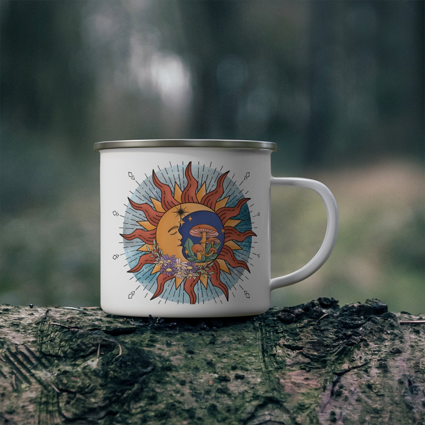 Bohemian Sun & Moon Enamel Camping Mug, Celestial Camping Cup