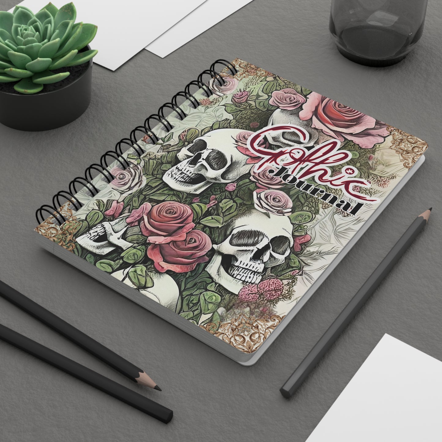 Gothic Spiral Bound Journal with Skull and Rose Design
