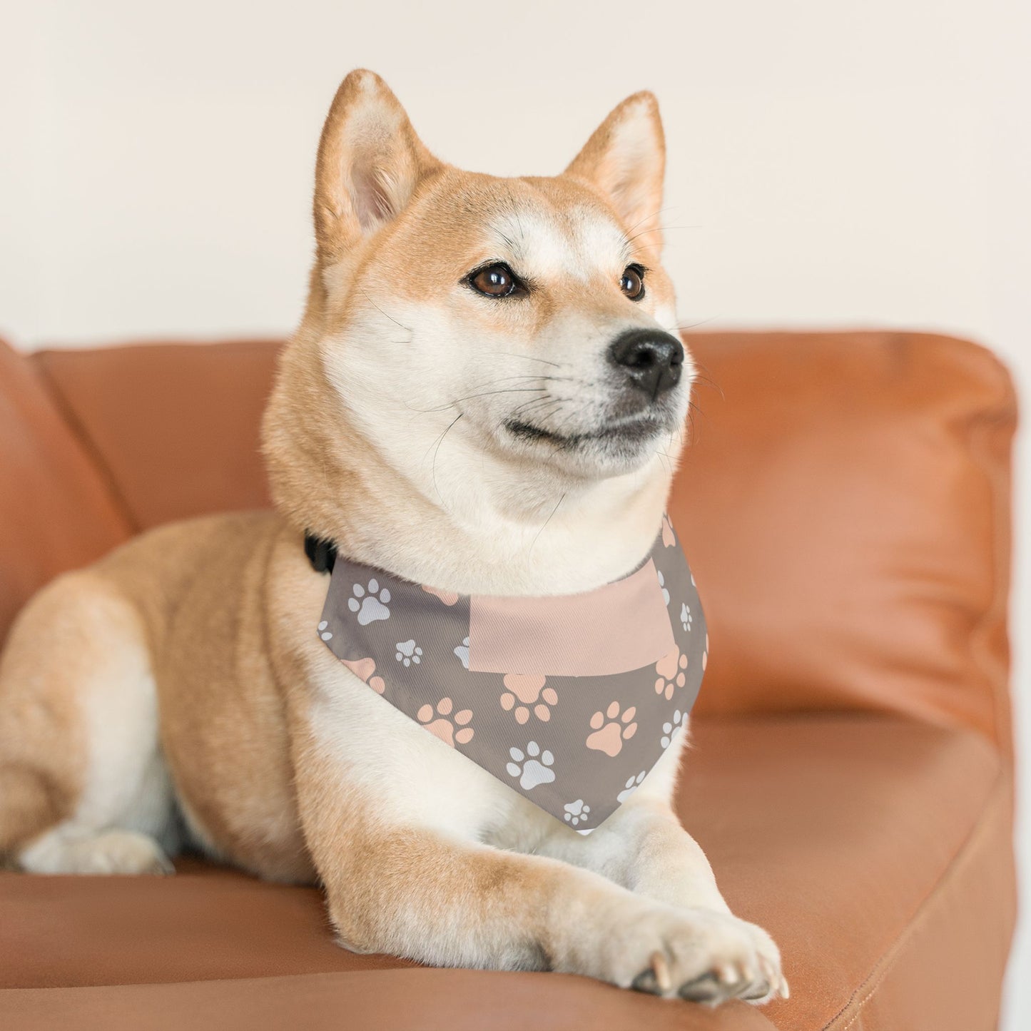 Personalized Paw Print Pet Bandana Collar — Custom Name Pocket, Gray & Blush Dog Scarf