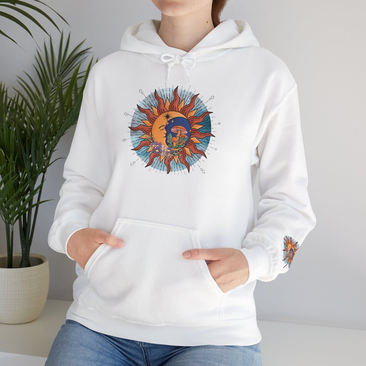 Sun and Moon Boho Hoodie — Colorful Celestial Graphic Sweatshirt