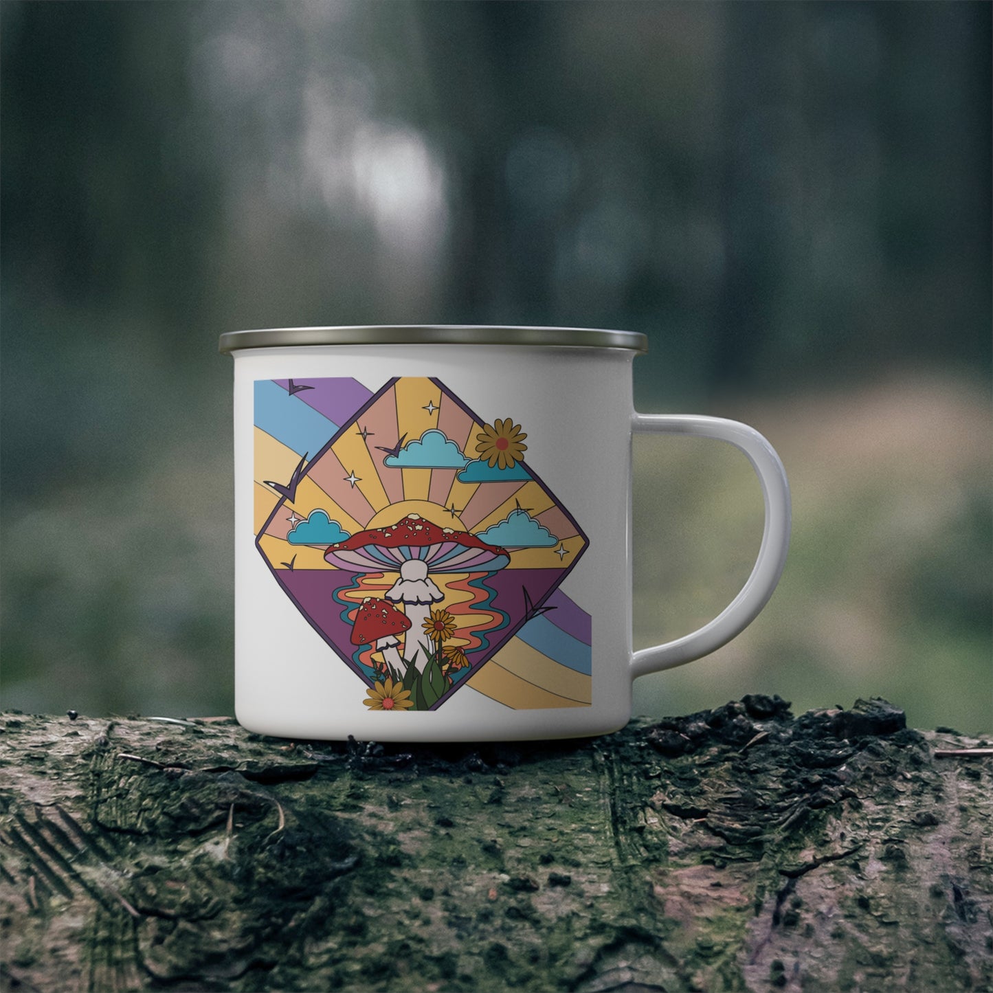 Vintage-Inspired Enamel Camping Mug with Retro Mushroom Design
