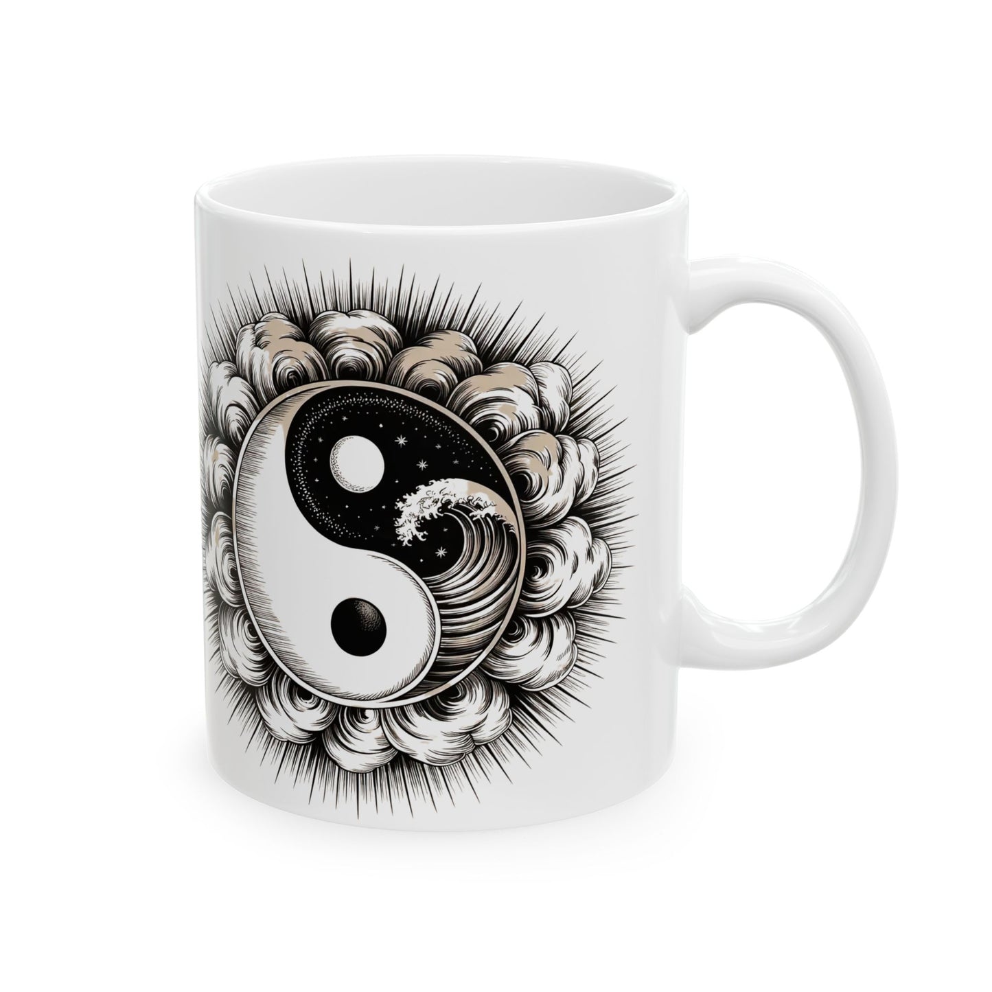 Personalized Yin Yang Sunburst Ceramic Mug – Boho Spiritual Coffee Cup (11oz & 15oz)