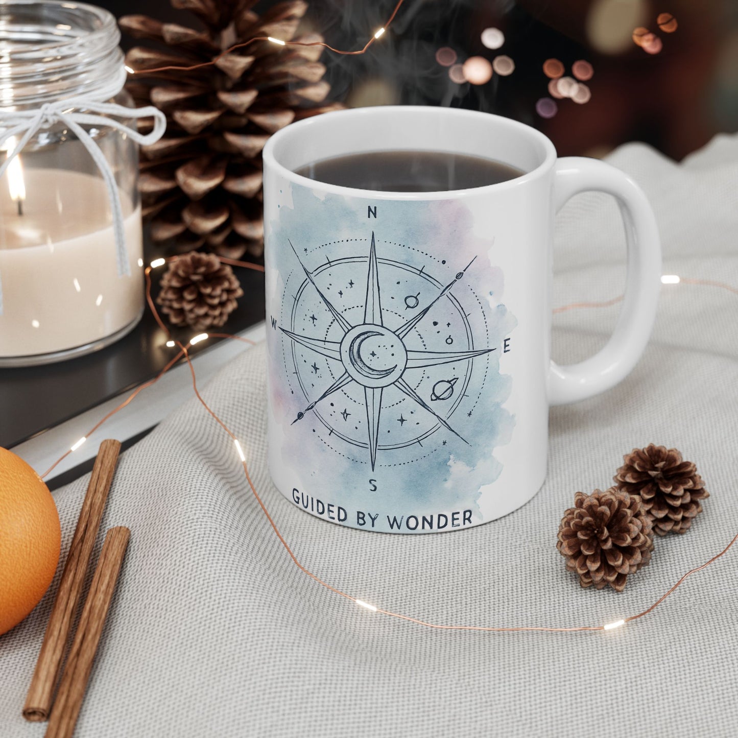 Compass Watercolor Ceramic Mug – 'Wander' Travel-Inspired Coffee Cup (11oz, 15oz)