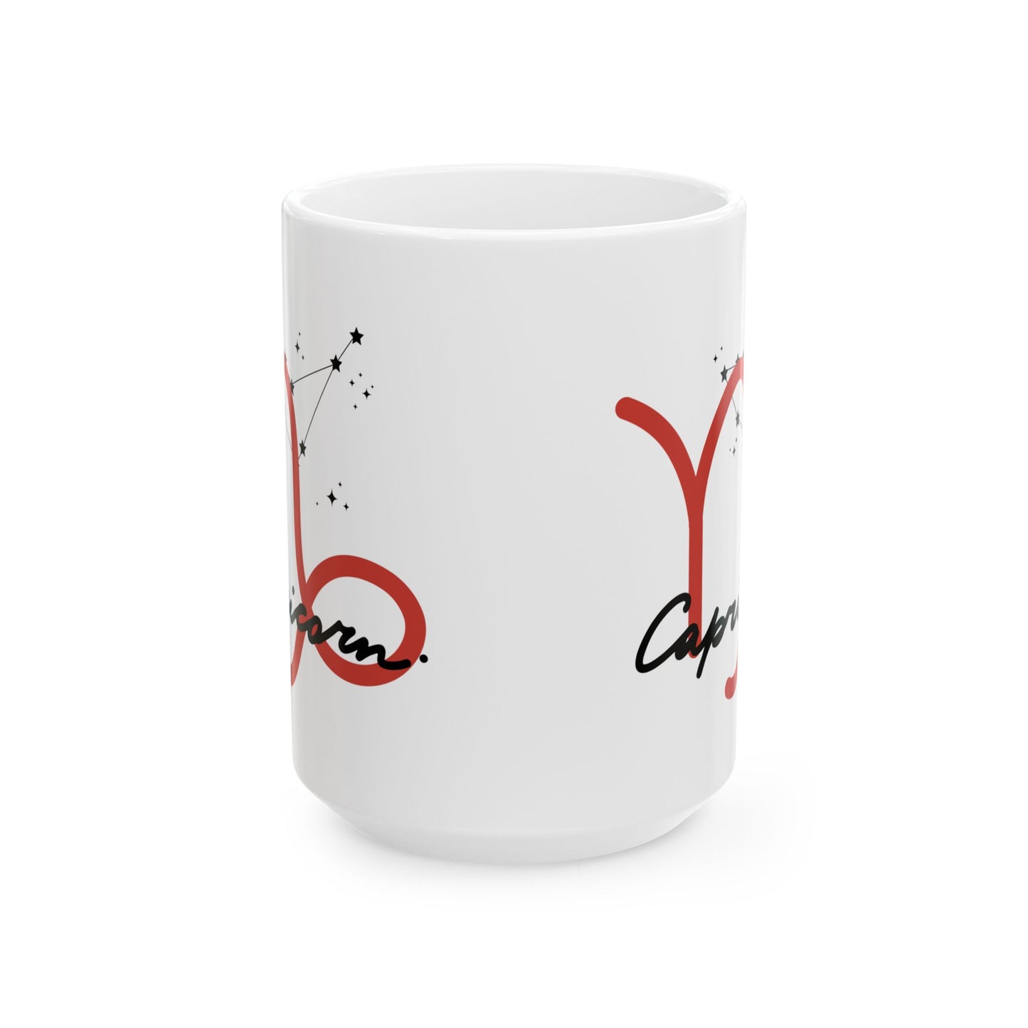 Capricorn Zodiac Ceramic Mug — Red Script Constellation Astrology Coffee Cup (11oz & 15oz)