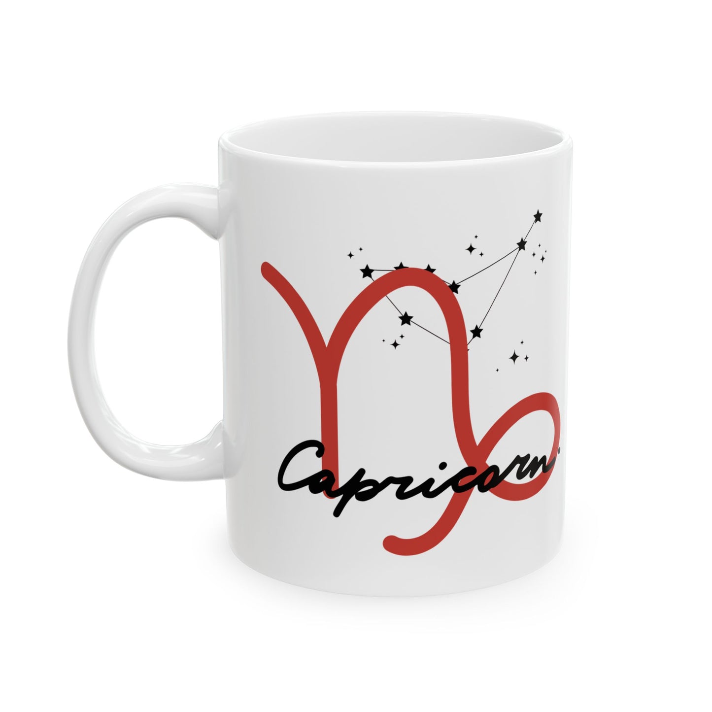 Capricorn Zodiac Ceramic Mug — Red Script Constellation Astrology Coffee Cup (11oz & 15oz)