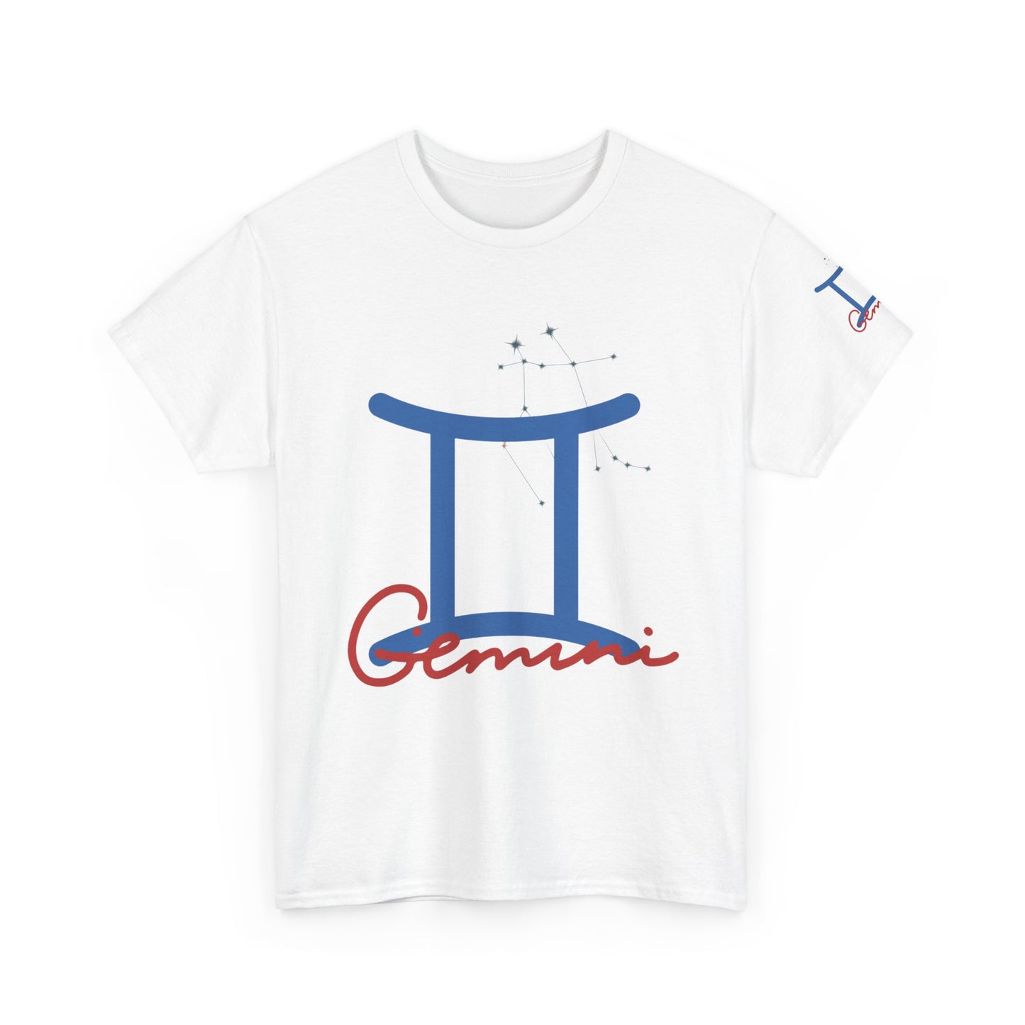 Gemini Zodiac T-Shirt — Blue Symbol with Script