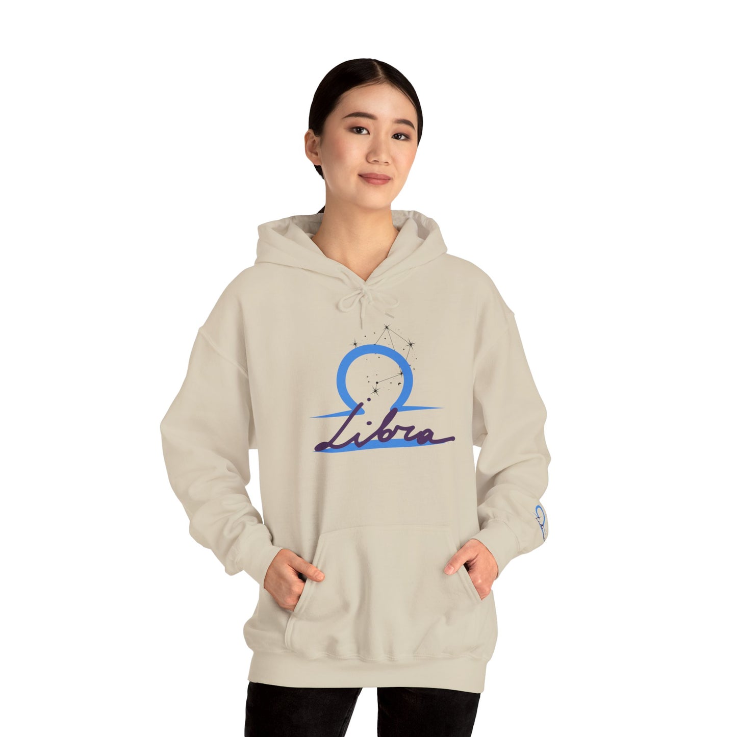 Libra Zodiac Hoodie — Minimal Blue Libra Symbol & Script Pullover